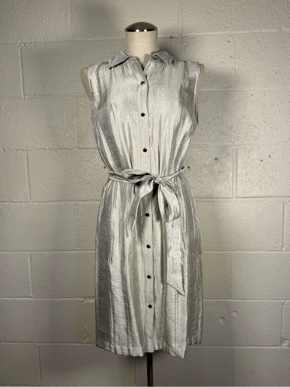 White House Black Market Champagne Shimmer Button Front Shirt Dress Size 8